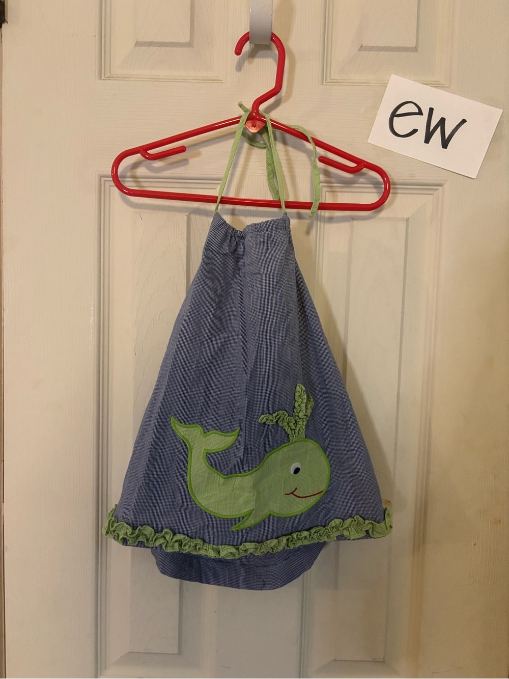 Girls Blue Dress with Green Whale Appliqué